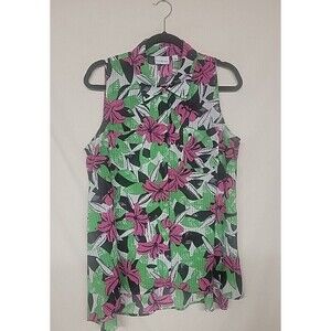 Kim Rogers  Large Colorful Tropical Cotton Collared  Sleeveless Button‎ Up Top